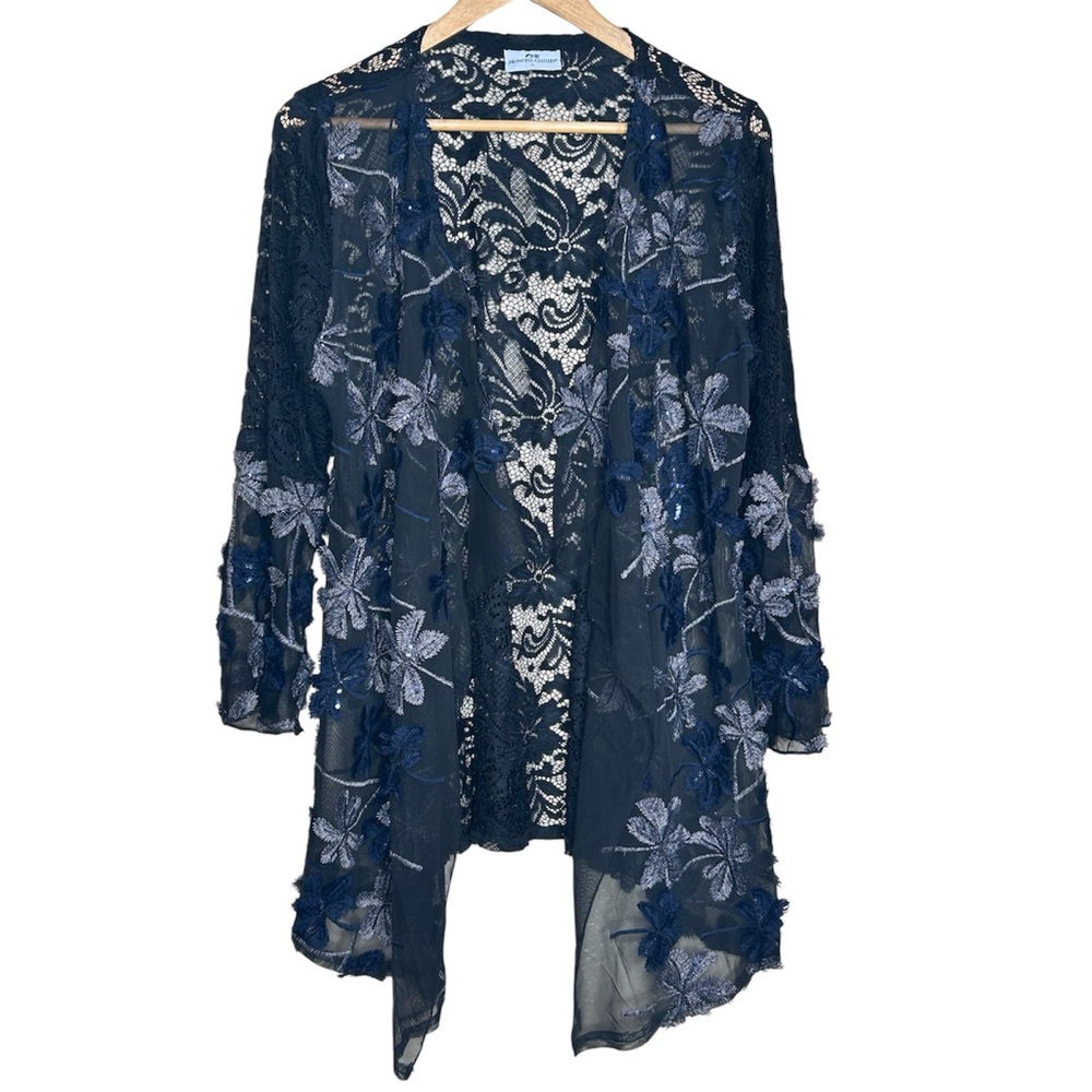 🩷 NWOT Princess Cruises L Kimono Lace Embroidered Sequin Flower Black Navy Boho